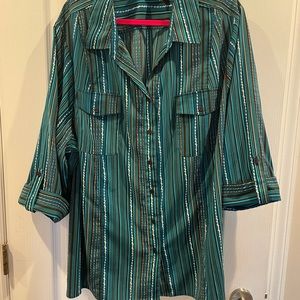 Maggie Barnes turquoise and black striped shirt 4x